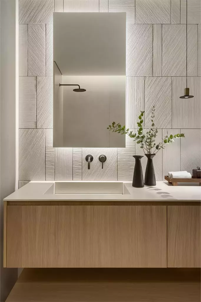 Diagonal bricks color white children bathroom